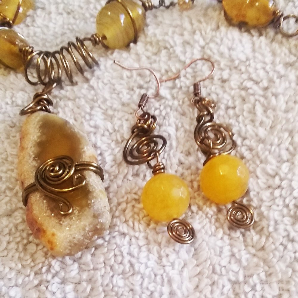 Handcrafted Yellow Agate + Wire Art Statement Earrings - Picture 7 of 10